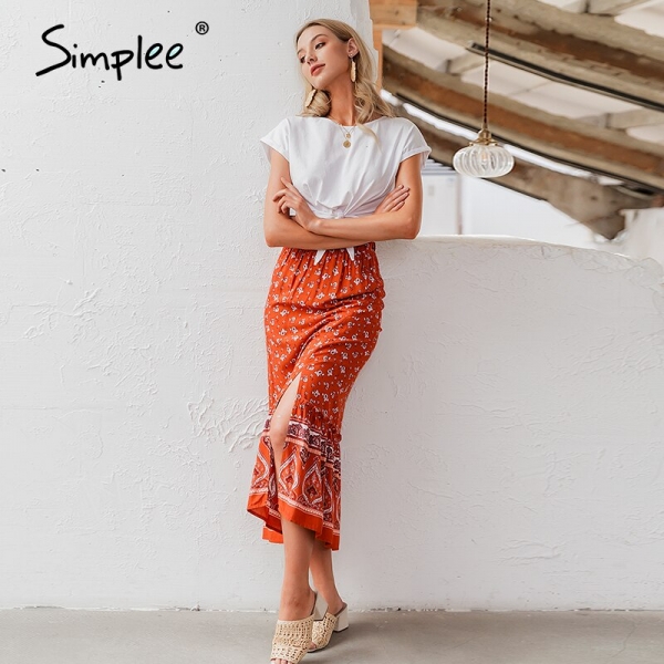 Simplee Bohemian floral print women long skirt Ruffled split A-line female skirts Spring summer holiday beach ladies skirts 2020 1 Simplee Bohemian floral print girls lengthy skirt Ruffled
