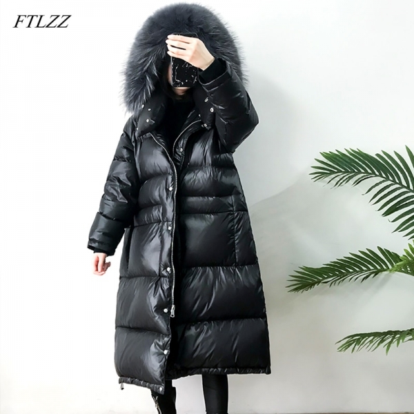 FTLZZ Large Real Natural Raccoon Fur Winter Women Down Jacket Long Thick Warm Coat White Duck Down Jacket Female Oversize 1 Giant Actual Pure Raccoon Fur Winter Ladies Down Jacket