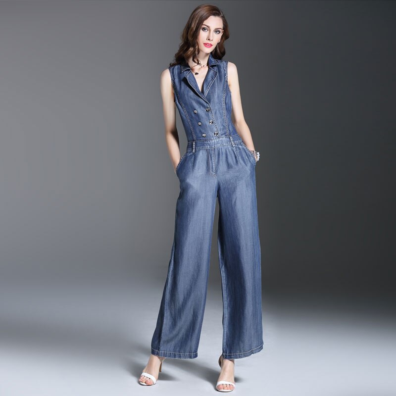Summer Spring Fashion Womens Double Breasted Sleeveless Jumpsuits , Overalls , Casual Female Wide Leg Jeans Jumpsuit For Women