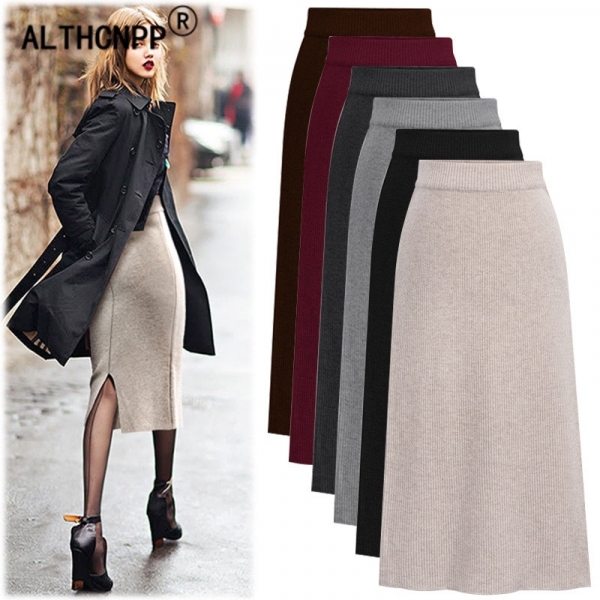 Plus Size M-6XL Winter Knitted Bodycon Pencil Skirt High Waist Skirts Womens Streetwear Split Long Skirt Female Faldas Mujer Excessive Waist Skirts Womens Streetwear