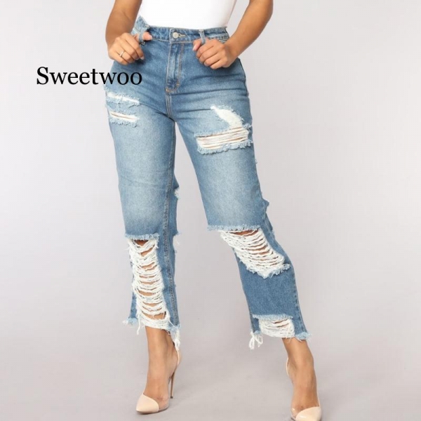 Sexy Back Hole Distressed Ripped Boyfriend Jeans For Women High Waisted Destroyed Jeans Street Rock Cut Out Loose Straight Jean Distressed Ripped Denims For Girls Excessive Waisted