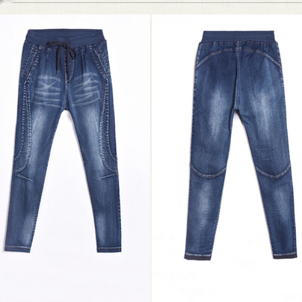 Casual high-waisted harem pants for women with lace-up spliced detailing and a comfortable loose fit, perfect for everyday wear. 