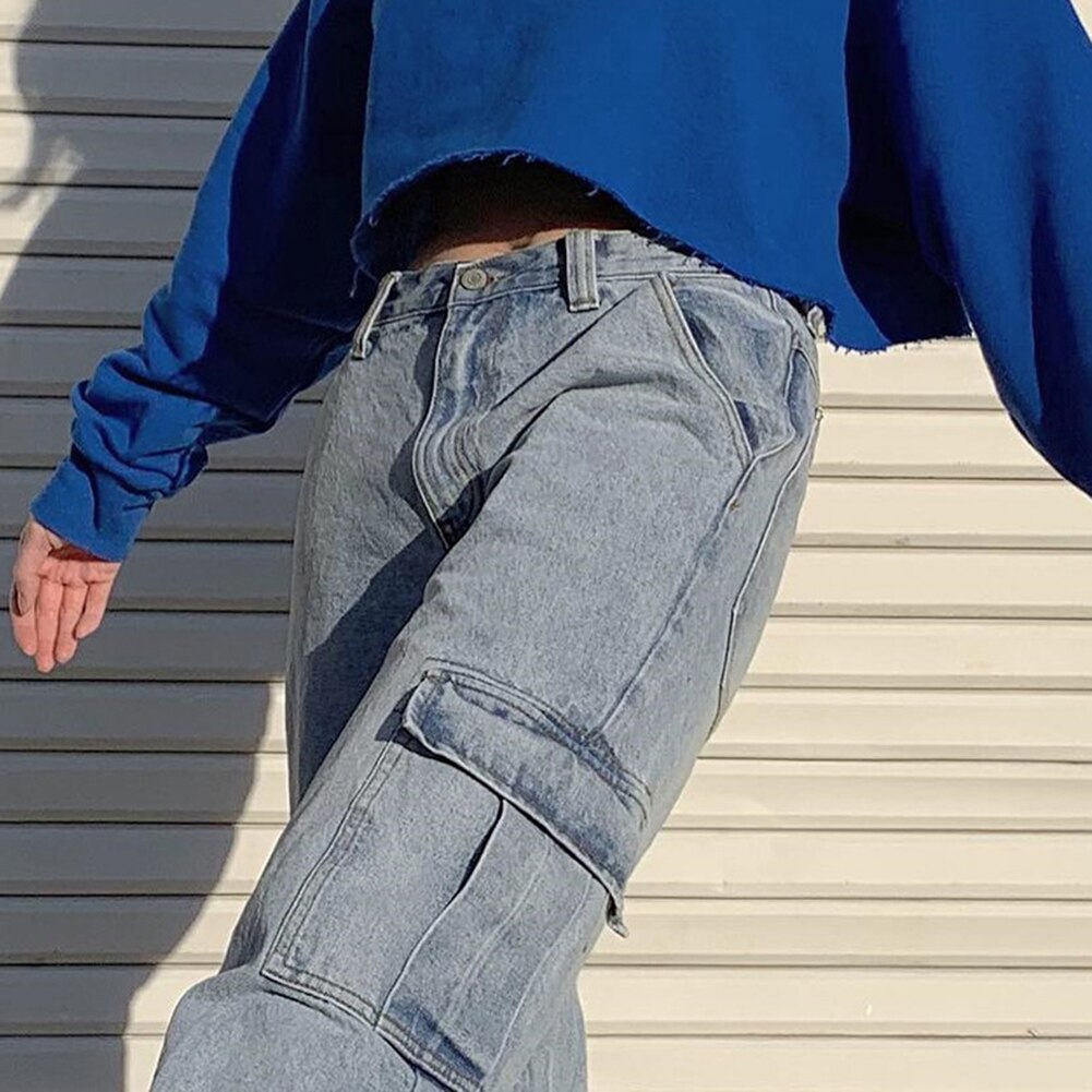 Pockets Patchwork High Waist Jeans Women Streetwear Straight Jean Femme Blue 100% Cotton Cargo Pants 2020 In Stock HX0421 1
