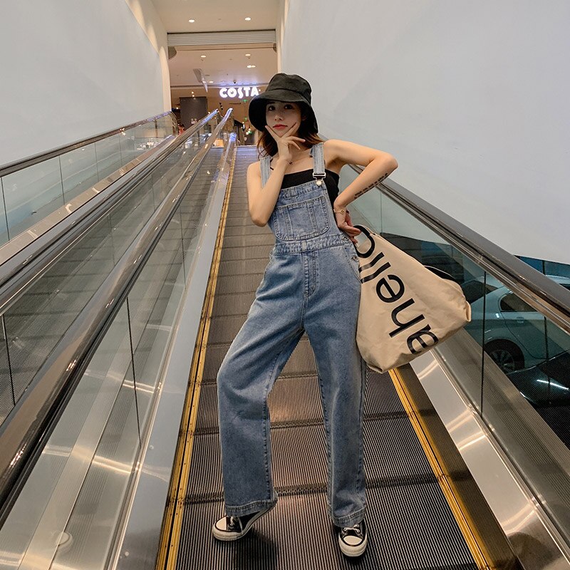 Ripped Jeans For Women Wide-Leg Overalls Pants With Shoulders Straps Korean-style High-waisted Loose Mopping Pants Denim Jumper 2