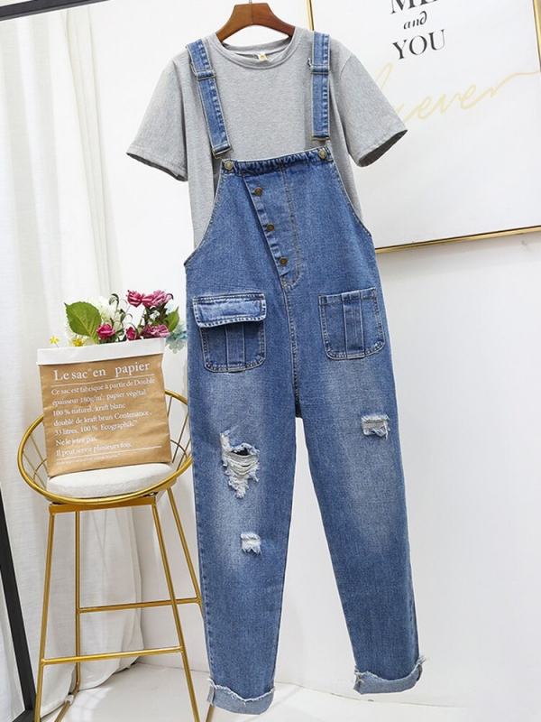 Oversized Hole Ripped Jeans Jumpsuits Women Baggy Suspenders Overalls for Women High-waisted Cotton Denim Jeans Jumpsuits 5XL 1 Jumpsuits Ladies Dishevelled Suspenders Overalls