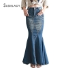 Stretch Waist Washed Denim Ruffle Fishtail Skirts