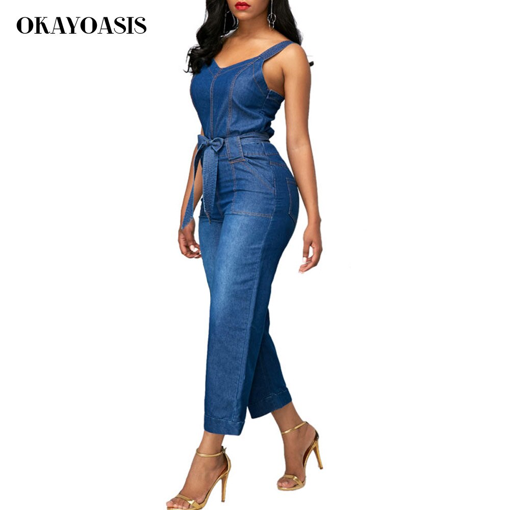OKAYOASIS Jeans Jumpsuits for Women Loose Denim Overalls 2018 Summer Combinaison with Pockets Enteritos Female 2