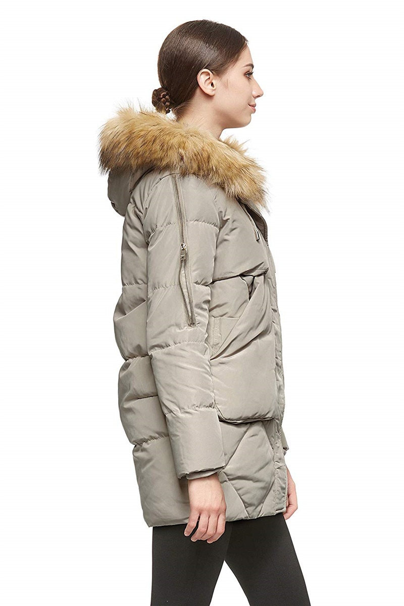 Women Thickened Mid-Long Down Jacket with Removable Fur Hood Large Pockets 3 Ladies Jacket with Detachable Fur Hood Giant Pockets