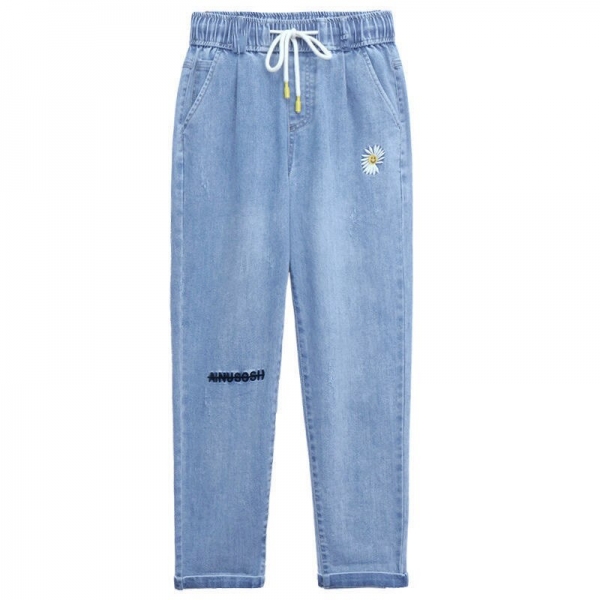 Summer Women Daisy Embroidery Tencel Jeans Elastic High Waist Drawstring Loose Straight Harem Denim Pants Boyfriend Jean Trouser 1 Summer Daisy Embroidered High-Waist Harem Denim Pants for Women – Casual Comfort with Drawstring & Free Fit