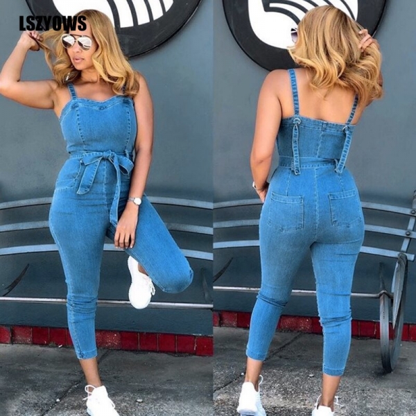 Spaghetti Strap Sexy Denim Jumpsuit Women Romper 2020 Sleeveless Sashes Bodycon Summer Jeans Jumpsuit Female Streetwear Overalls Spaghetti Strap Attractive Denim Jumpsuit Girls Romper 2020 Sleeveless