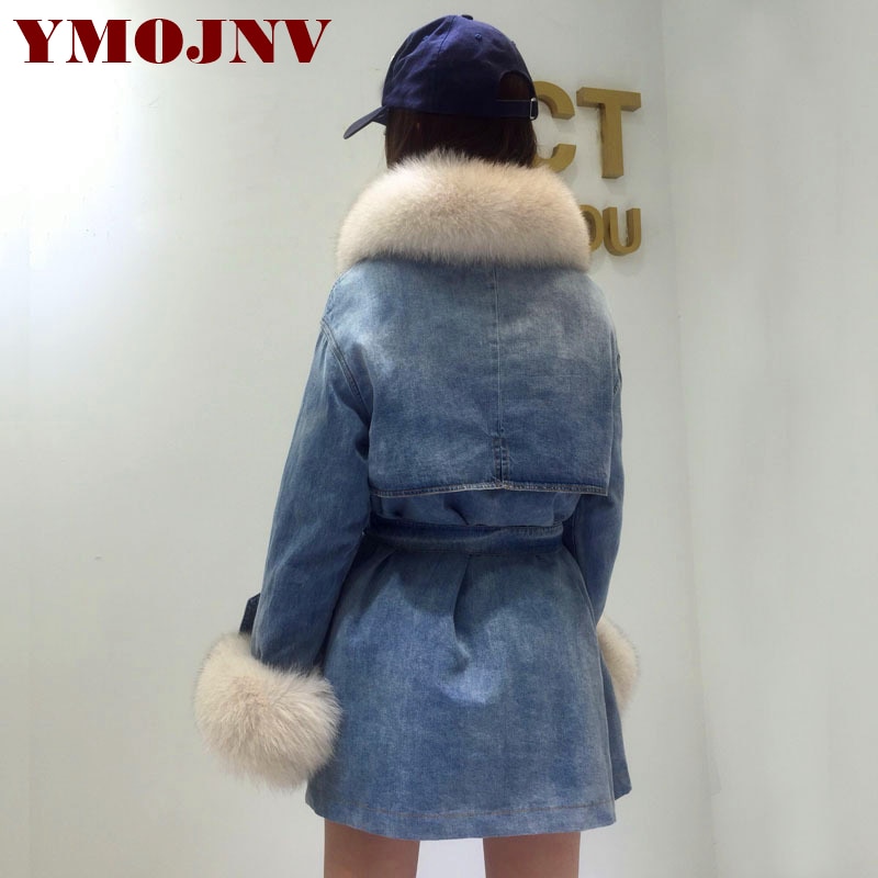 YMOJNV Winter Women Coat Denim Down Jacket Real Natural Fox Fur Collar 90% White Duck Down Liner Warm Parka Female Outerwear 2