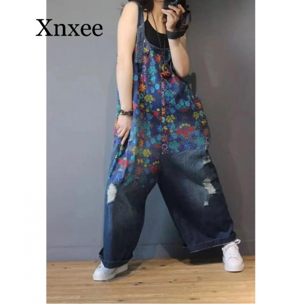 Women Denim Overalls Print Floral Vintage Plus Size Casual flower print Ripped Hole Wide Leg Jumpsuit Ladies Jeans Romper loose 1 Casual Style with Xnxee's Ladies Denim Overalls - Floral Print, Classic Charm, and Plus Size Comfort