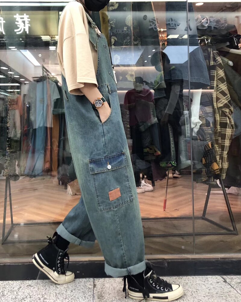 Cargo jean jumpsuits Women Straps Bib Wide Leg Denim Trousers Big size Drop Crotch Overalls Streetwear Style pocket Blue Rompers 4