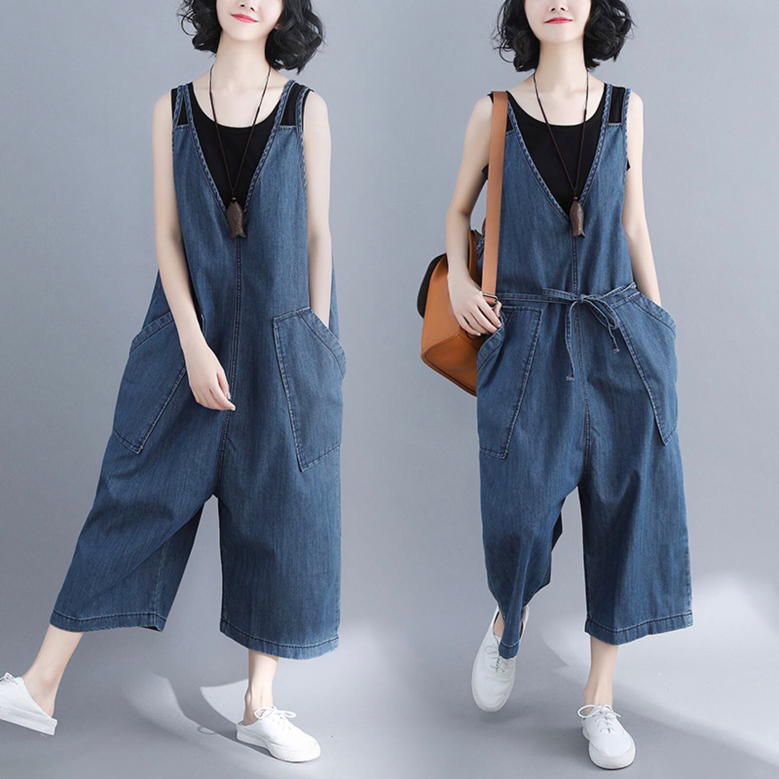 #4025 Spring Autumn V-neck Sleeveless Woman Jean Jumpsuit Solid Loose Overalls Ladise Fashion Wide Leg Big Size Jumpsuit Lady