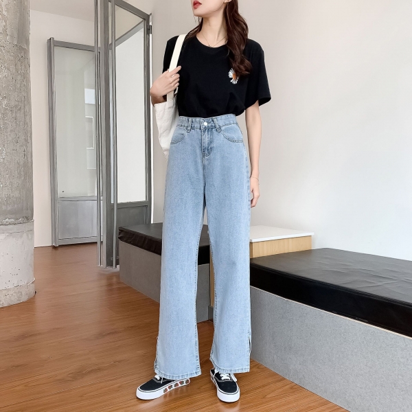 GoneGoing 2020 Summer Women High Split Denim Pants Straight Wide Leg Plus Size Full Length Jeans 070706 1 Summer season Girls Excessive Cut up Denim Pants Straight