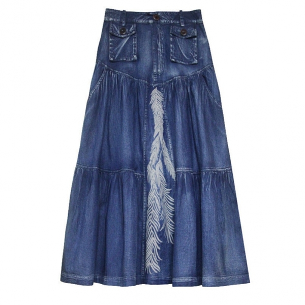 Women's Denim Skirt 2020 Vintage Women A line Embroidery Skirts Patch Pocket Saia Feminina Long Girl's Skirt 4 Vintage Embroidery A-Line Denim Skirt for Women with Patch Pockets