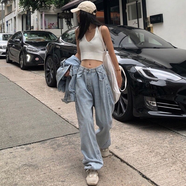 Fashion Loose Womens Jeans Harajuku-Style High-Waist Jeans Korean-Style Wide-Leg Straight Jeans Women BEIHUAN Women’s High-Waist Wide-Leg Jeans in cotton, featuring a button fly and relaxed fit, perfect for casual streetwear.