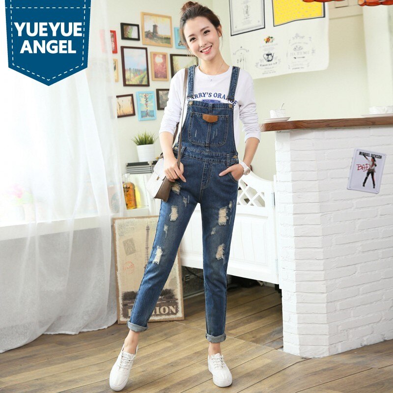 Womens Jumpsuit Denim Overalls Autumn Winter Casual Ripped Hole Loose Pants Ripped Pockets Jeans Washed Fashion Rompers