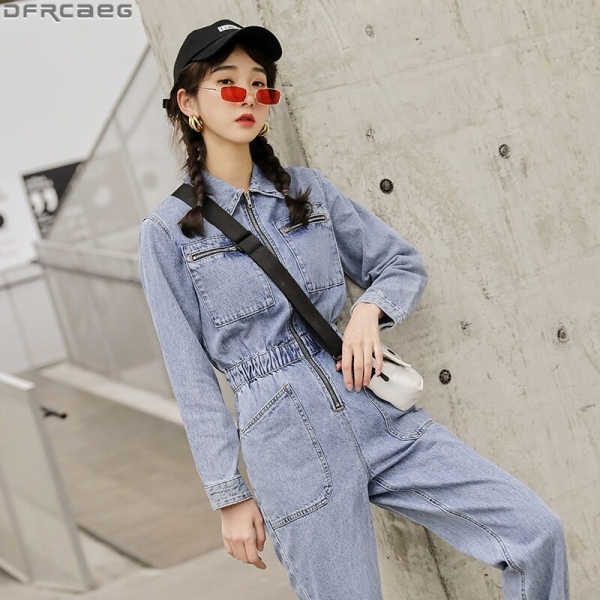 Fashion Streetwear Long Sleeve Denim Overalls Women Elastic High Waist Tunic Bodycon Rompers Zipper Big Pockets Jeans Jumpsuit Streetwear Lengthy Sleeve Denim Overalls Girls Elastic Excessive