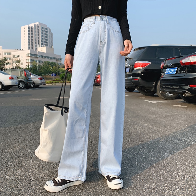 Women Fashion Spring and Autumn Wide Leg Jeans Straight Stretch Thin Korean Version Large Size High Waist Jeans Full-length blue 1