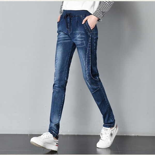 High-Waisted Lace-Up Harem Pants for Women – Stretch Denim with Spliced Design for Ultimate Comfort and Style 🌟