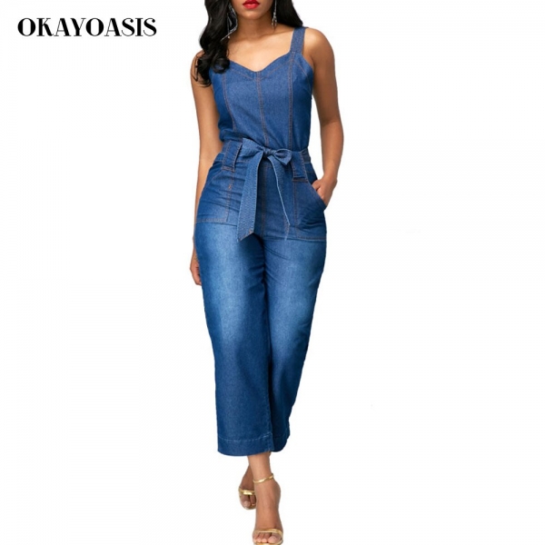 OKAYOASIS Jeans Jumpsuits for Women Loose Denim Overalls 2018 Summer Combinaison with Pockets Enteritos Female 1 Denims Jumpsuits for Ladies Unfastened Denim Overalls