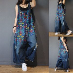 Girls Denim Overalls Print Floral Classic Plus