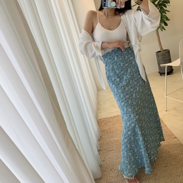 COIGARSAM Vintage Floral Women Long Skirt Print Chiffon High Waist Skirts Red Blue Black 4395 1 Classic Floral Girls Lengthy Skirt Print Chiffon