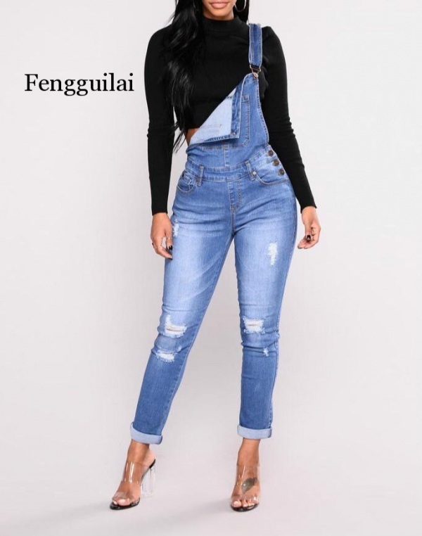 Fashion Denim Women's Overalls High Waist Ripped Jeans Woman Jumpsuits Stretch Denim Pants Female Torn Jumper Trousers Girls's Overalls Excessive Waist Ripped Denims Lady Jumpsuits