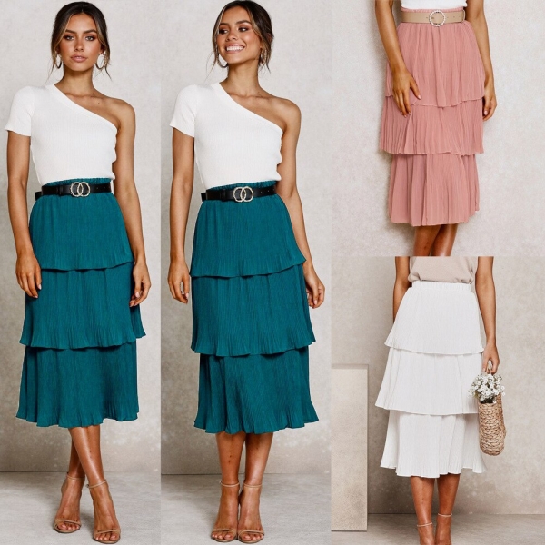 Women 3 Layered Long Skirt Pink White Korean Style Skirts Womens Summer Pleated Skirt Chiffon Layer Cake Sun Skirt Female Lengthy Skirt Pink White Korean Fashion Skirts