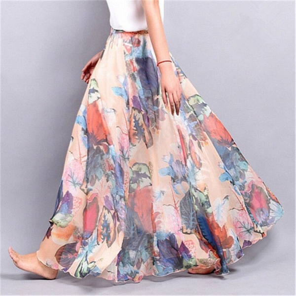 Elegant Summer Bohemian Maxi Skirts Women Long Skirt Chiffon Saia Beach High Waist Tutu Casual Vestidos Harajuku Print Clothes Maxi Skirts Girls Lengthy Skirt Chiffon Saia Seashore Excessive