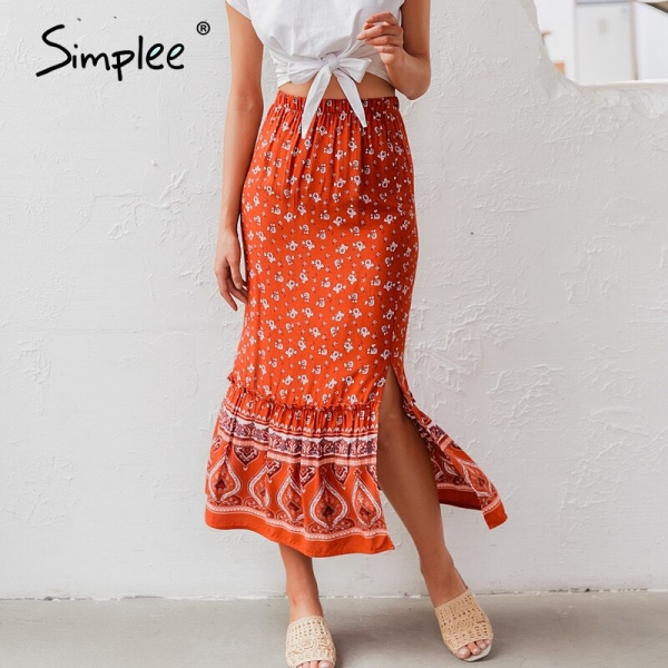 Simplee Bohemian floral print women long skirt Ruffled split A-line female skirts Spring summer holiday beach ladies skirts 2020 Simplee Bohemian floral print girls lengthy skirt Ruffled