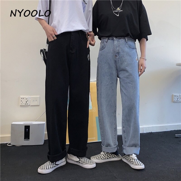 NYOOLO Harajuku style ulzzang daisy embroidery denim pants women men Casual streetwear high waist full length Straight jeans 1 Harajuku Fashion High-Waist Straight Denim Pants with Daisy Embroidery – Trendy Streetwear for All