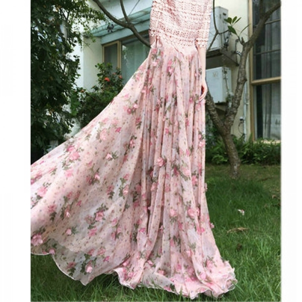 2020 Summer Woman New Large Plus Size 6XL 7XL 8XL Female Fashion Pink Chiffon Lace Polka Dot Floral Long Female skirt for Womens 6XL 7XL 8XL Feminine Vogue Pink Chiffon