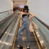Ripped Denims For Ladies Broad-Leg Overalls Pants With Shoulders
