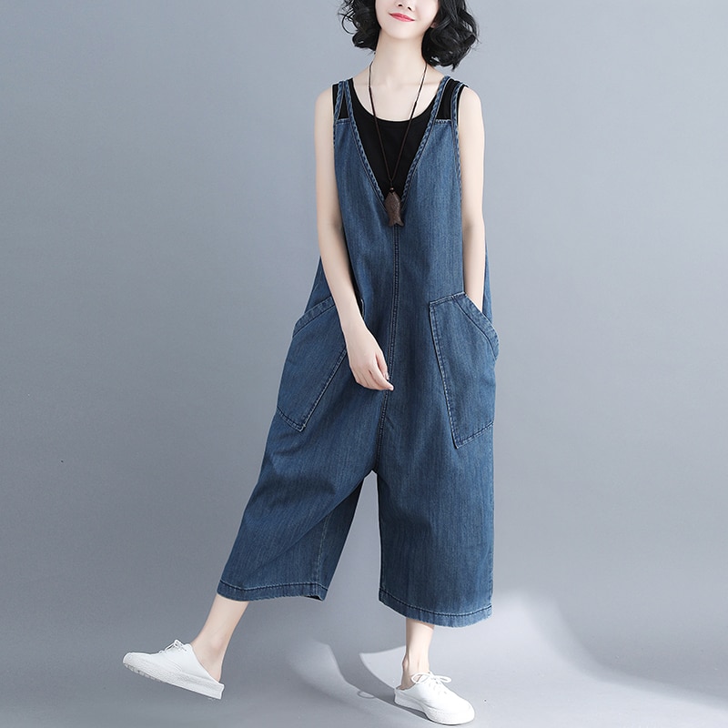 #4025 Spring Autumn V-neck Sleeveless Woman Jean Jumpsuit Solid Loose Overalls Ladise Fashion Wide Leg Big Size Jumpsuit Lady 2