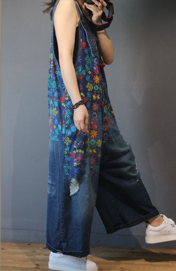 Women Denim Overalls Print Floral Vintage Plus Size Casual flower print Ripped Hole Wide Leg Jumpsuit Ladies Jeans Romper loose 2 Casual Style with Xnxee's Ladies Denim Overalls - Floral Print, Classic Charm, and Plus Size Comfort