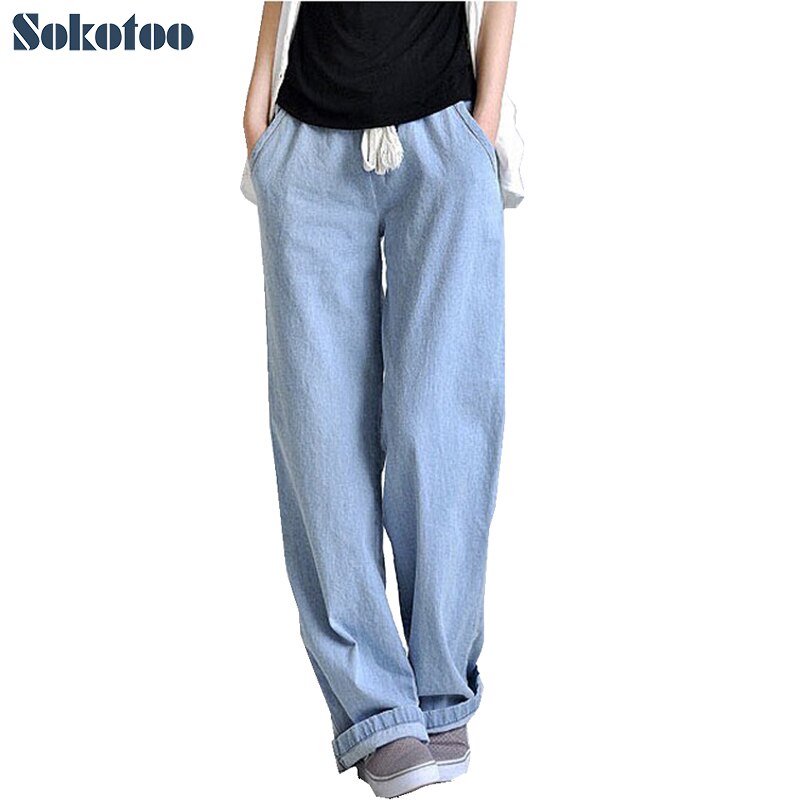 Sokotoo Plus size comfortable loose wide leg pants women’s straight jeans elastic waist full length trousers Free shipping