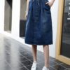 Cotton Denim Ladies Lengthy Skirt Lace-Up Waist