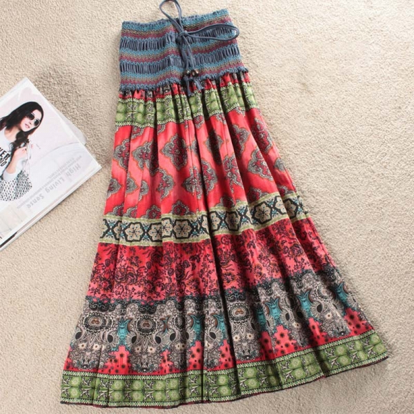 High Waist Boho Floral Women Long Skirt Pleated A-line Elastic Sashes Vintage Women's Skirts 2020 Spring Summer Fashion Clothes 1 High Waist Boho Floral Women Long Skirt Pleated A-line Elastic
