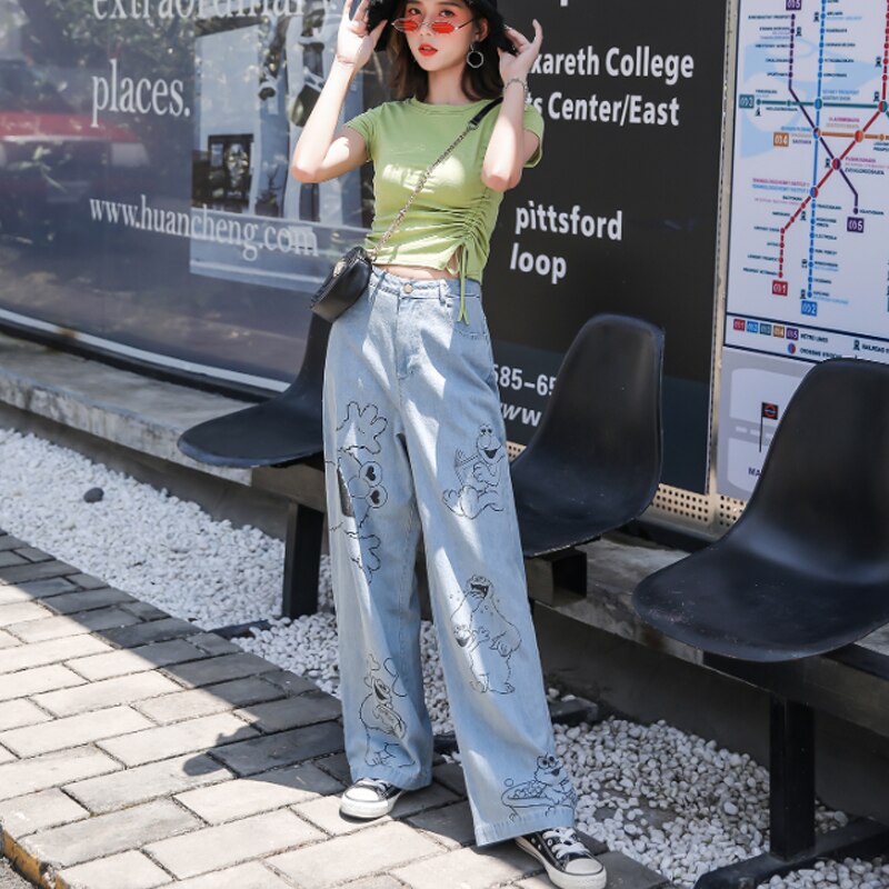 Vintage Washed Korean Long High Waisted Wide Leg Jeans For Women Cartoon Print Baggy Straight Jeans Female Loose Boyfriend Jeans