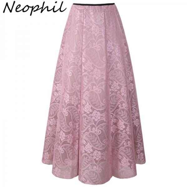 Neophil 2020 Vintage Ladies Floral Lace Mesh Women Long Skirts Muslim Maxi 100cm High Waist Pleated Print Boho Longa Saia MS1607 Classic Girls Floral Lace Mesh Ladies Lengthy Skirts