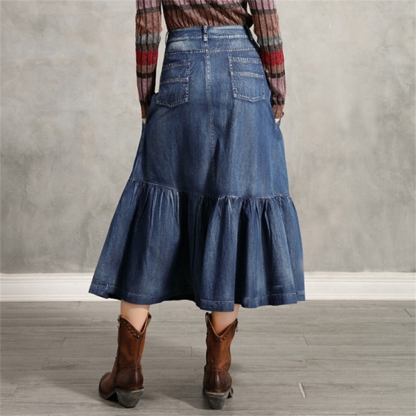 Women's Denim Skirt 2020 Vintage Women A line Embroidery Skirts Patch Pocket Saia Feminina Long Girl's Skirt 2 Vintage Embroidery A-Line Denim Skirt for Women with Patch Pockets