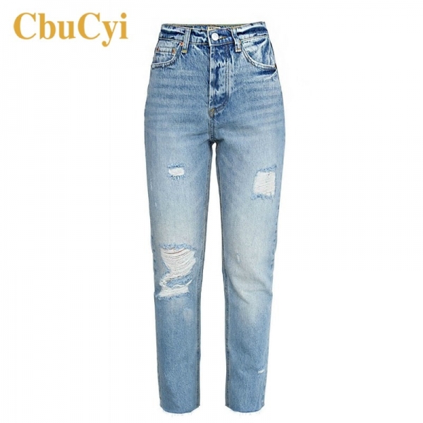 Women High Waist Jeans Pants Blue Soft Cotton Denim Pants Trousers Women Washed Ripped Hole Beggar Straight Jeans Cropped Pants 1 Ladies Excessive Waist Denims Pants Blue Comfortable Cotton Denim Jeans