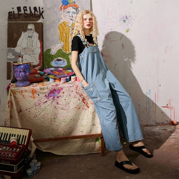 ELFSACK Blue Solid Ripped Hole Straight Casual Women Overall Denim Jeans 2020 Summer ELF Pocket Korean Ladies Daily Jumpsuits ELFSACK Blue Solid Ripped Hole Straight Casual Women Overall Denim Jeans 2020 Summer ELF Pocket Korean Ladies Daily Jumpsuits