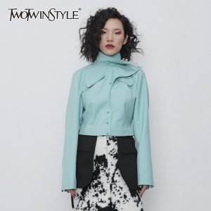 Asymmetrical PU Leather-based Girls Jacket Turtleneck