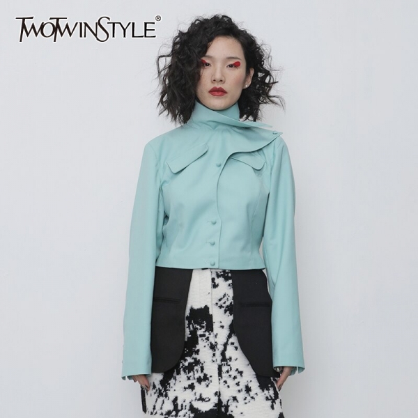 Asymmetrical PU Leather-based Girls Jacket Turtleneck