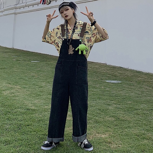 Vintage Denim Jumpsuit Loose High Waist Big Pocket