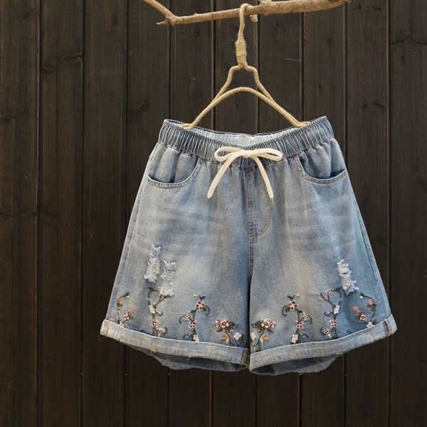 New summer season ladies elastic waist straight brief denims