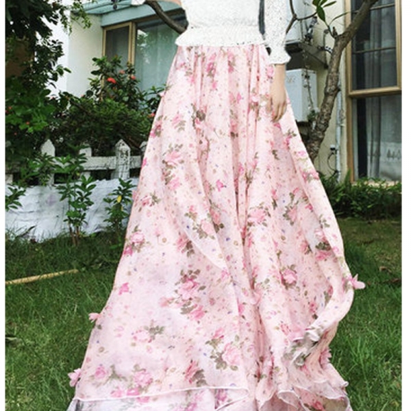 2020 Summer Woman New Large Plus Size 6XL 7XL 8XL Female Fashion Pink Chiffon Lace Polka Dot Floral Long Female skirt for Womens 1 6XL 7XL 8XL Feminine Vogue Pink Chiffon